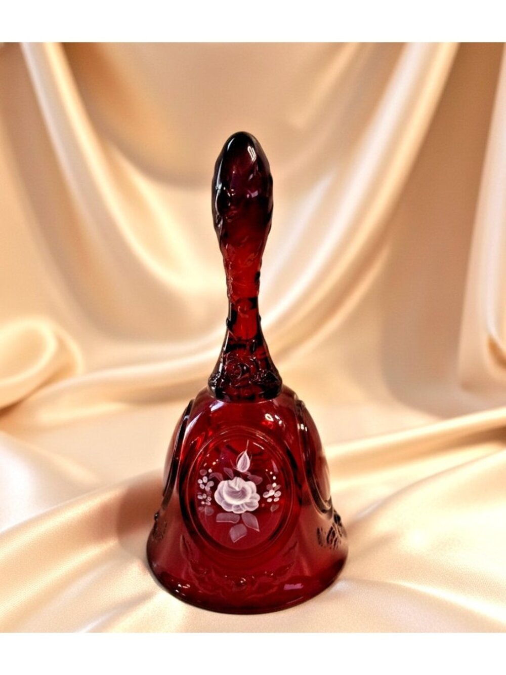 Vintage Fenton Ruby Red Art Glass Bell Hand Painted Rose SIGNED - Cadmium GLOW